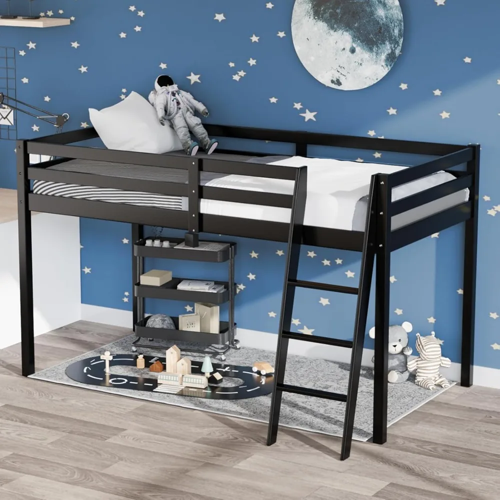 

47'' Tall Junior Low Loft Bed with Stairs, Wood Loft Bed Twin Size for Adults, Kids and Young Teens, No Box Spring