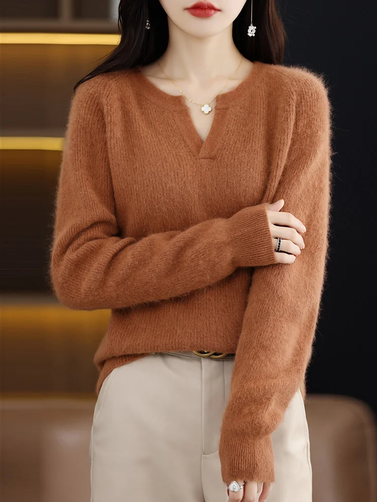 100% Mink Cashmere Knit Pullover Women V-Neck Thicken Sweater Casual Large Size Blouse Autumn Winter New Long-Sleeved Base Shirt