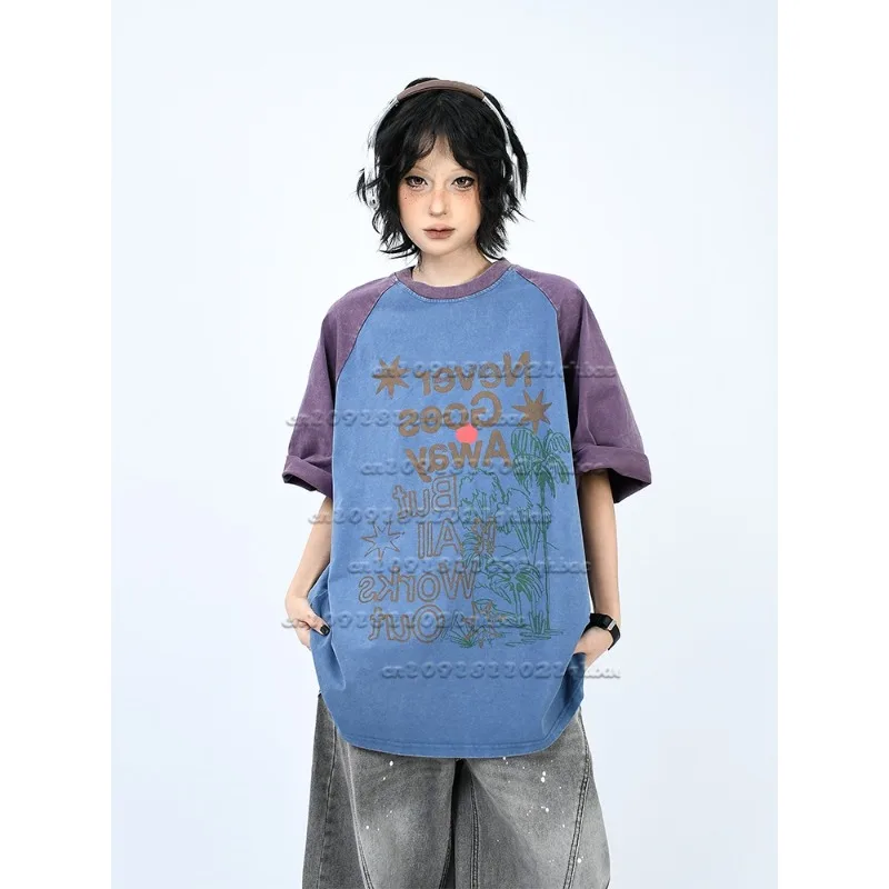 

Новые рукава реглан в американском стиле ретро, контрастные буквы, короткие рукава с 3D-принтом, летний свободный и универсальный быстросохнущий топ