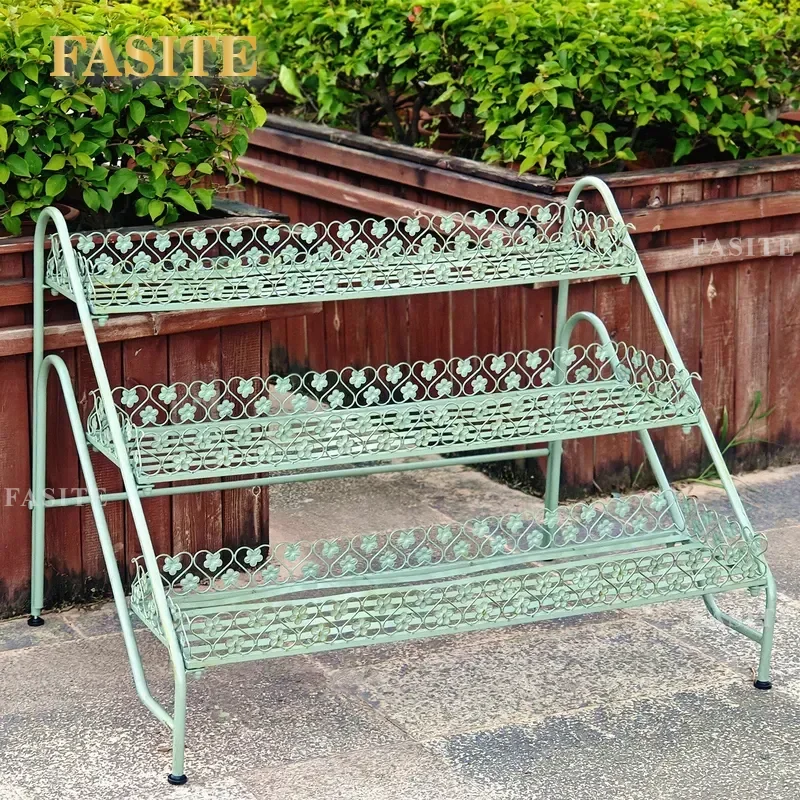 For Wrought Iron Three Tier Stepped Flower Stand Floor Planter Rack Outdoor Balcony Garden Courtyard Storage Shelf Durable