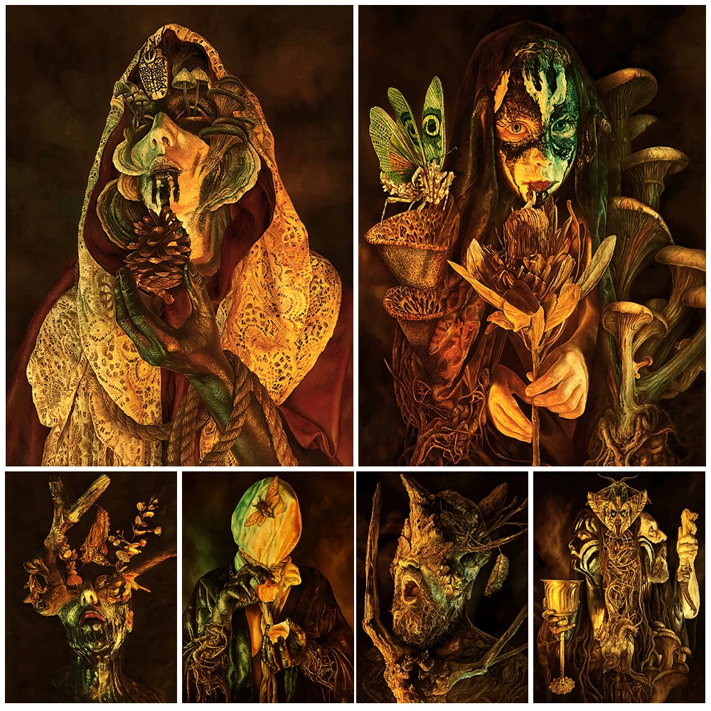 Shaman Wizard Infected With Mushroom Spores Vintage Wall Art Canvas Painting Horror Plant Demon Art Poster And Print Decoration