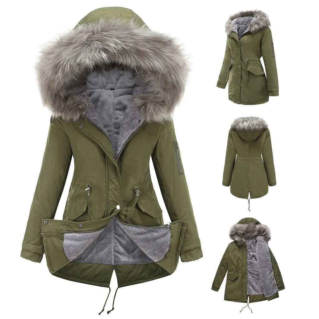 European size parka cotton coat medium length hooded winter warm plush coat cotton coat 2024