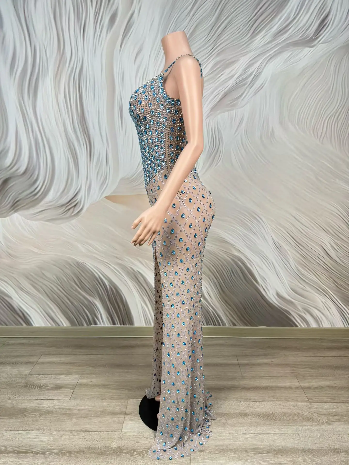 Hupo Luxury Women Party Evening Gowns Blue Diamond Suspender Dress Bespoke Occasion Dress Wedding Birthday Cocktail Prom Gowns