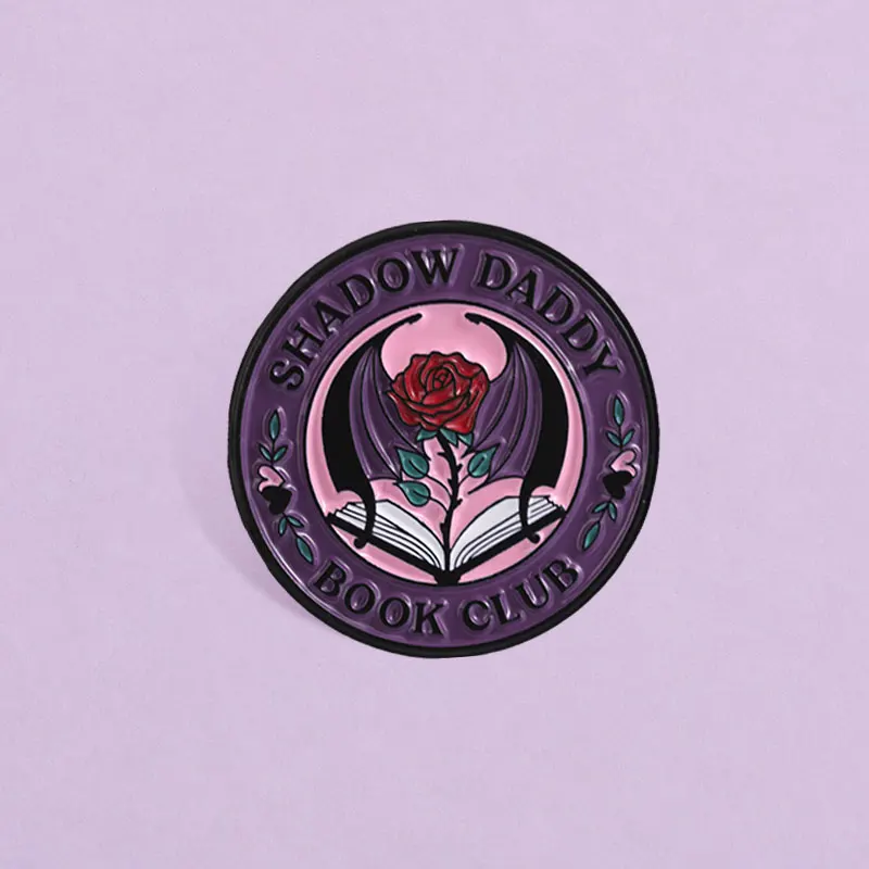 Shadow Daddy Book Club Enamel Pin Gothic Romance Novel Lover Brooch Purple Bat Wing Rose Open Book Lapel Badge Jewelry Gift