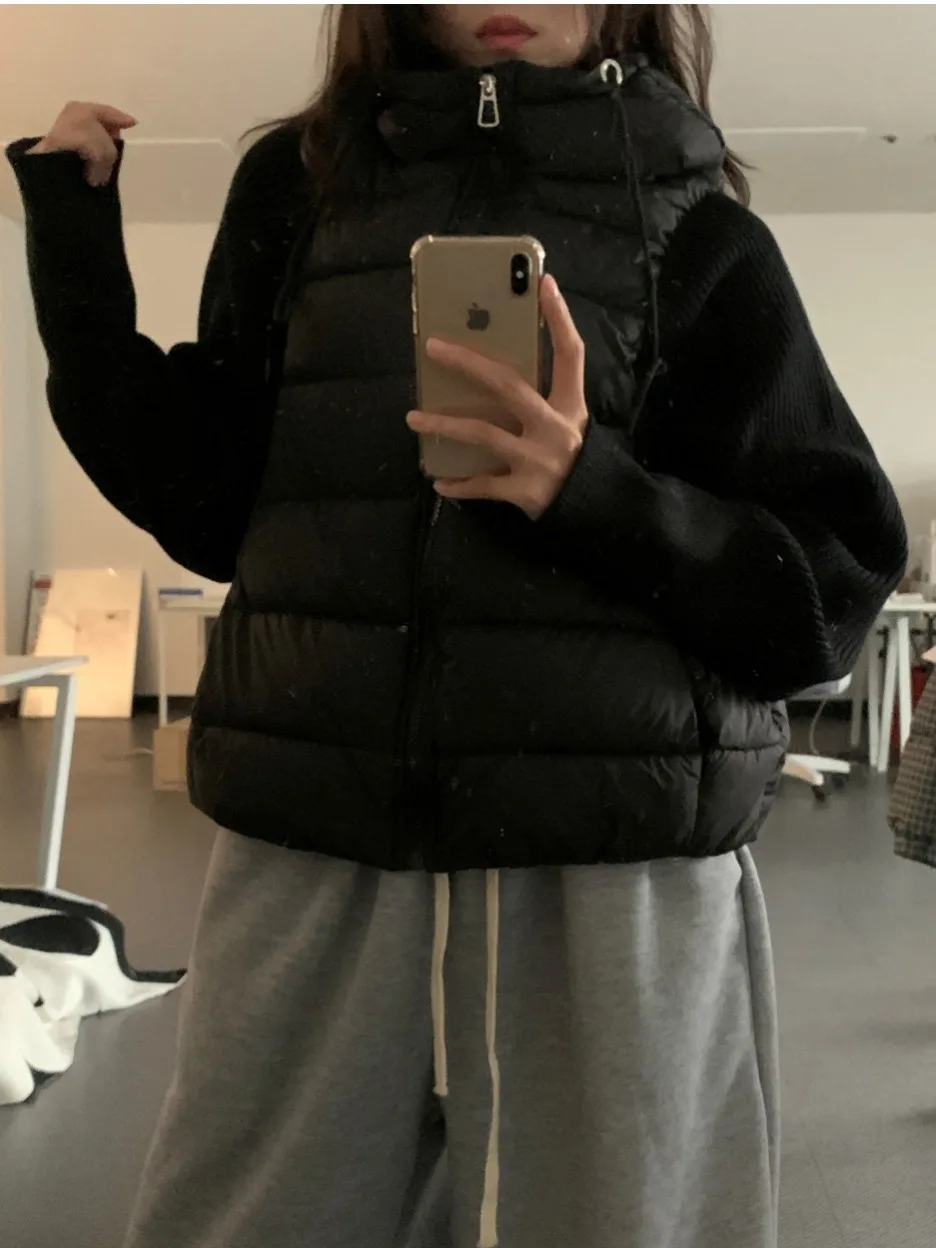 Koreańska dzianinowa kurtka z kapturem, patchworkowa, bawełniana, damska, zimowa, luźna, imitacja dwuczęściowej, ciepła kurtka z bawełny ort.