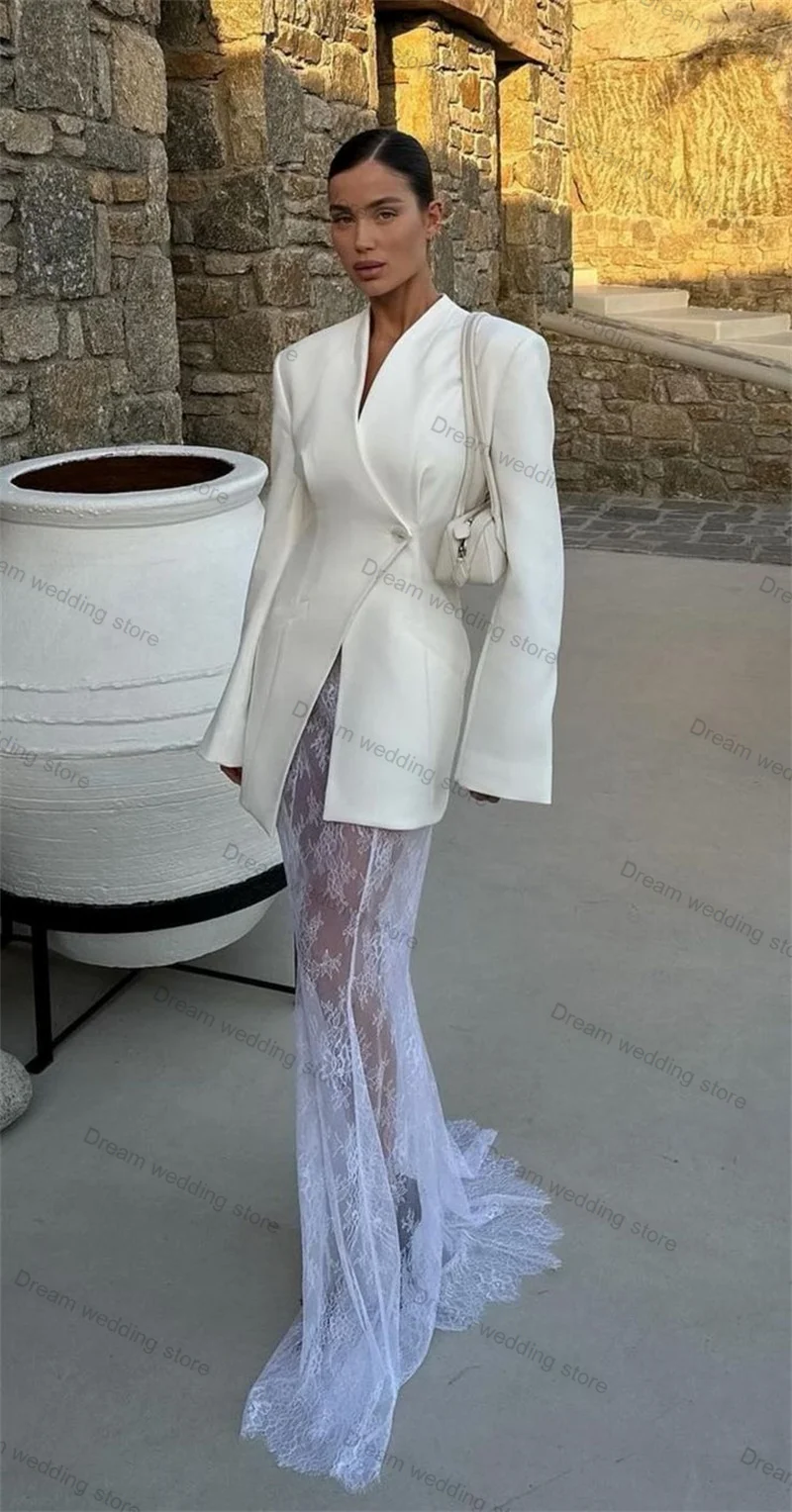 

White Lace Women Suit Set 2 Piece Blazer+See Through Prom Dress Formal Office Lady Jacket Wedding Tuxedos Customized Coat