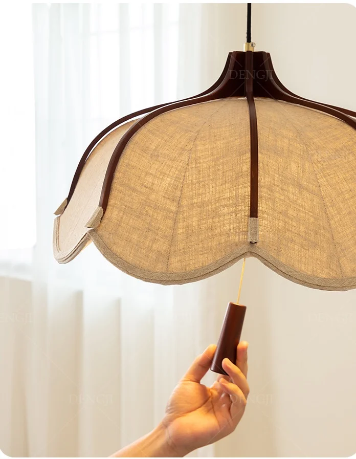 Chinese Wood E27 LED Fabric Pendant Lights Dining Room Drop
