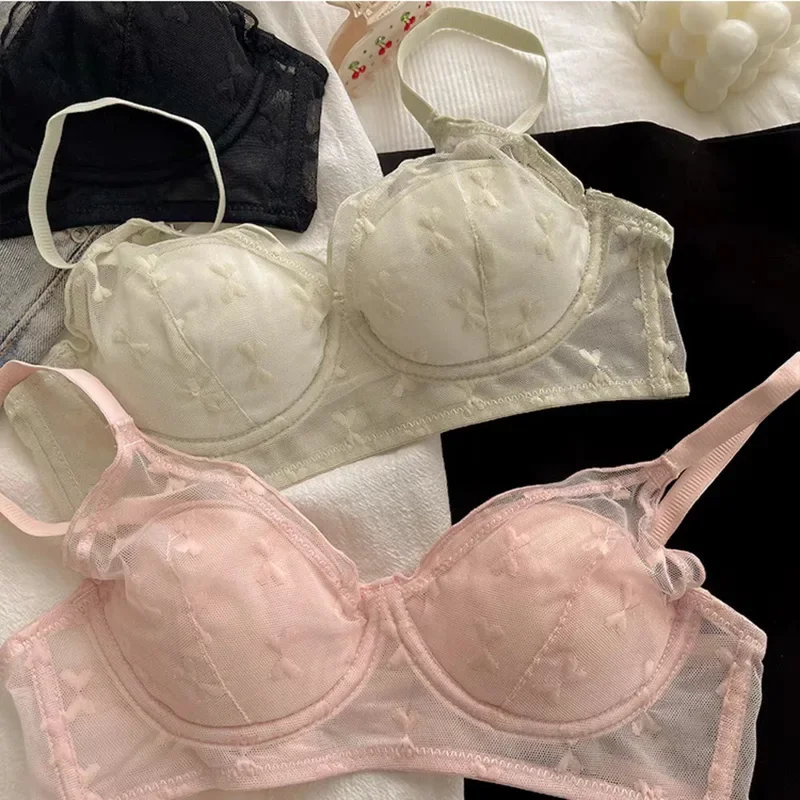 Sweet Lace Mesh Hollow Out Sexy Bras For Women Small Chest Gathered Anti Sagging Cute Bow Bras Summer Student Lingerie