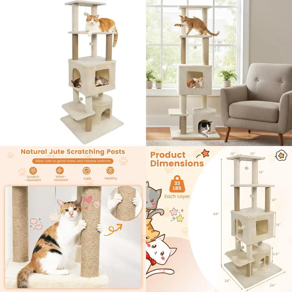 

64 Inch Multi-Level Cat Tower with 2 Condos, Jute Scratching Posts, Plush Top Perch, Dangling Toys for Indoor Cats & Kittens (Be