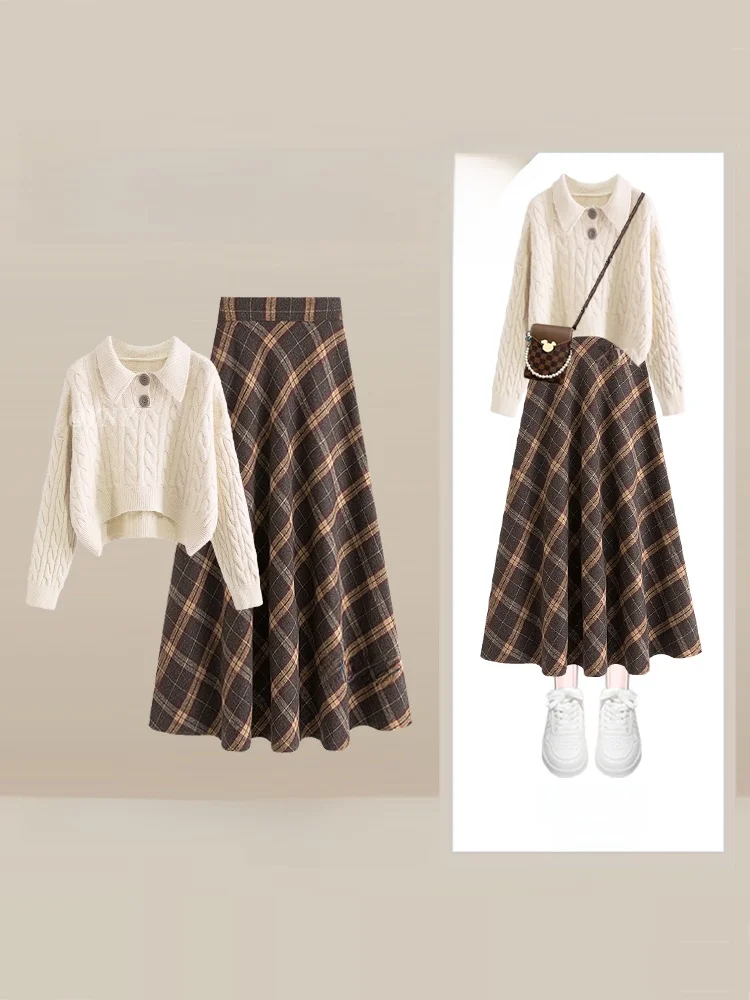 

Вязаный свитер и юбка в клетку с высокой талией: комплект из двух предметов для создания молодежного осеннего образа, повседневный стиль для женщин