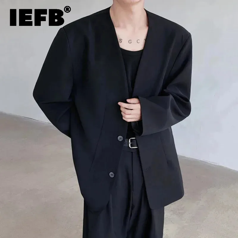 IEFB Autumn Men's Shoulder Pad Blazer Solid Color Single Breasted Suit Jacket Texture V-neck Design Black 2024 Korean 9C7324