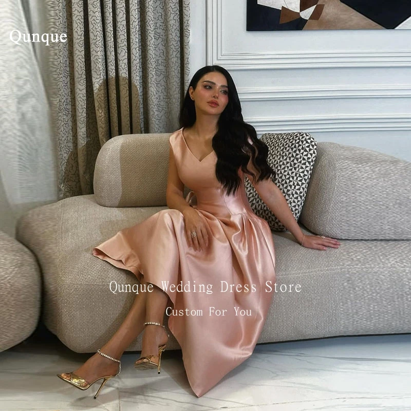 

Qunque V-neck Satin Prom Dress Women A-line Floor Length Formal Vestidos De Noche Elegant Arabische Abendkleider Customized