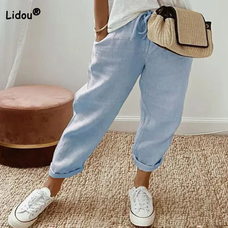 Womens Clothing Drawstring Loose-fitting Cotton Linen Trousers Summer Solid Color Pockets Elastic Casual Nine Points Pants