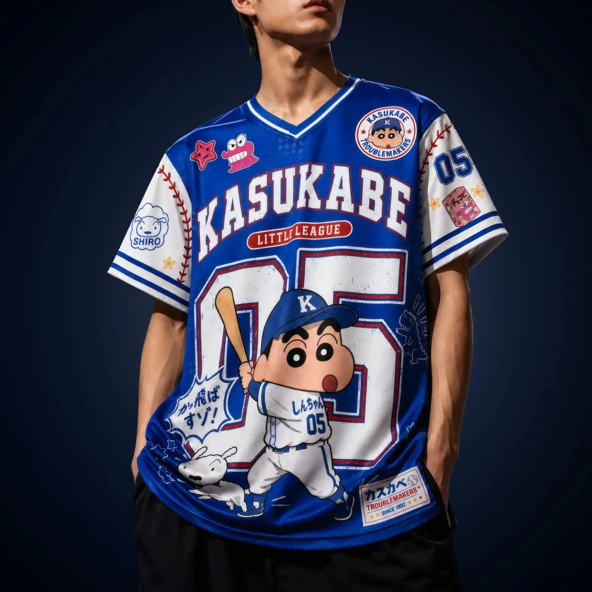 2026 Crayon Shin Chan Doraemon Baseball Style Jersey Haruhide Defense Team Shin Chan 3D Printed V-Neck Short Sleeved Men T-Shirt