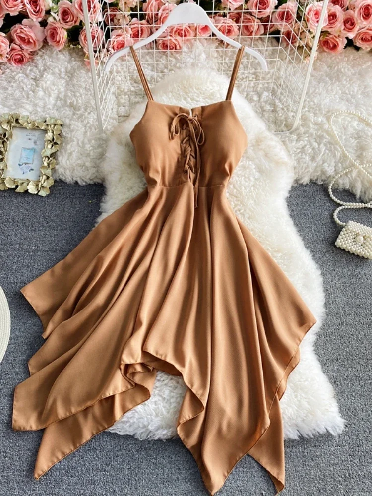 OCEANLOVE Summer Beach Style Vestidos Lace Up Solid Irregular Sexy Women Dresses Backless High Waist Robe Femme Korean