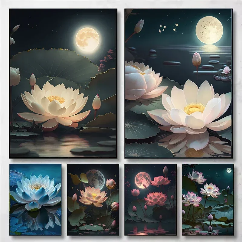 Vintage Traditonal Chinese Style Lotus Flower Pond Moonlight Landscape Art Poster Canvas Painting Wall Prints Picture Home Decor