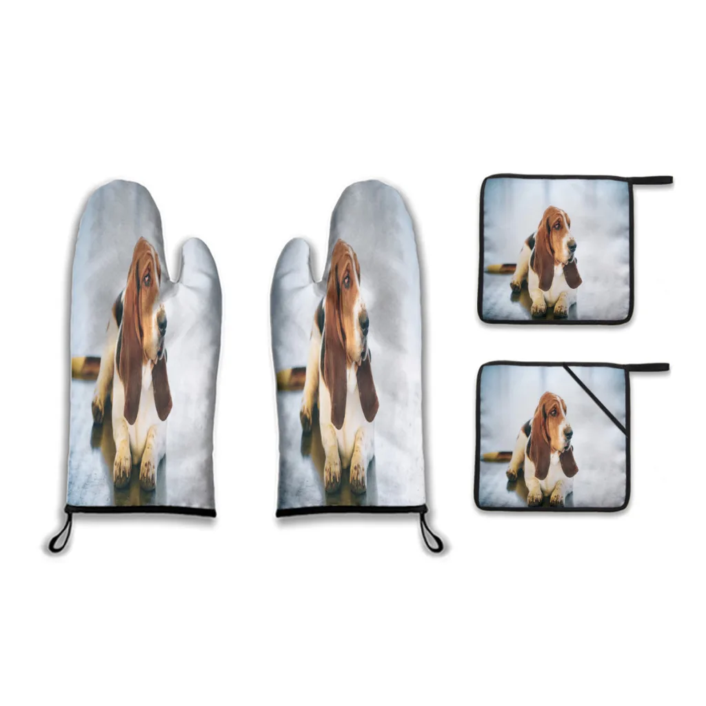 

White and Brown Basset Hound Dog Beautiful Hair Oven Mitts and Pot Holders Sets of 4 for Kitchen,Cooking,Baking,Grilling