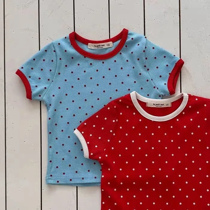 Koreanische Kinderkleidung Sommer Neues T-Shirt 2026 Mädchen Stylisches Vielseitiges Farbblock-Oberteil mit Polka Dots – Detail 4