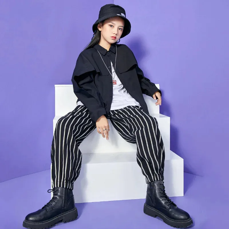 

COSda@Boys Hip Hop Clothing Oversized Shirt Top Stripe Streetwear Jogger Harem Baggy Pants for Girls Kids Dance Costume ClothesC