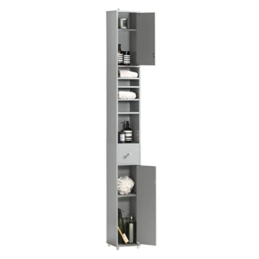 

Bathroom Narrow Storage Cabinet Skinny Tall Unit with Adjustable Shelves Slender Anti-Tipping Floor Standing Cupboard Gray BZR3