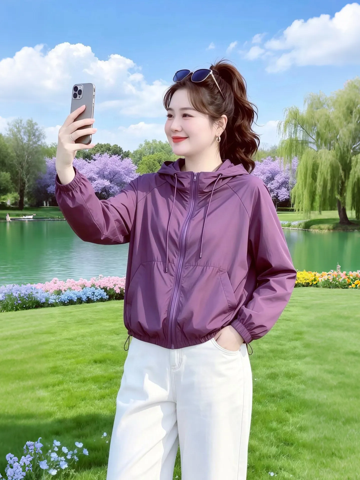 

Fashionable Lightweight Breathable Ladies' Summer Outerwear Sun Protection Loose Slimming Top Zipper Closure Long Sleeve Hooded