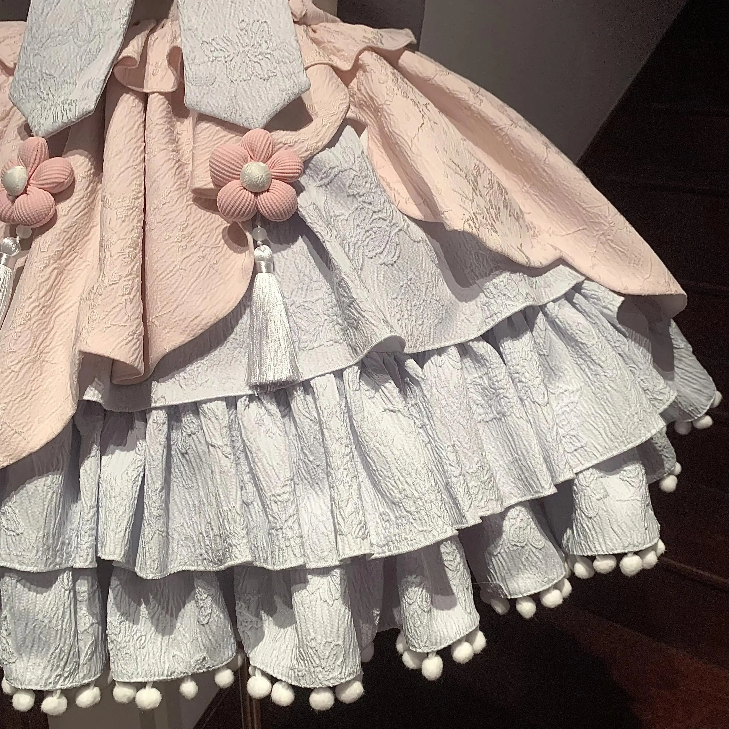 النمط الصيني لوري لو الوردي فستان بأكمام قصيرة المرأة اليابانية الحلو لطيف القوس كشكش حافة Kawaii فستان قصير الفتيات Y2k فساتين #3