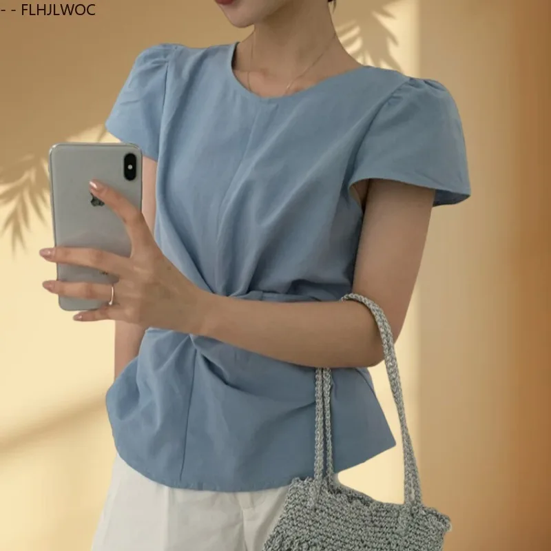 

Cotton Blends Tops Peplum Blouses Women Korean Japan Preppy Style Girls Cute Solid White Slim Waist Bow Tie Lace-Up Shirt Blusas