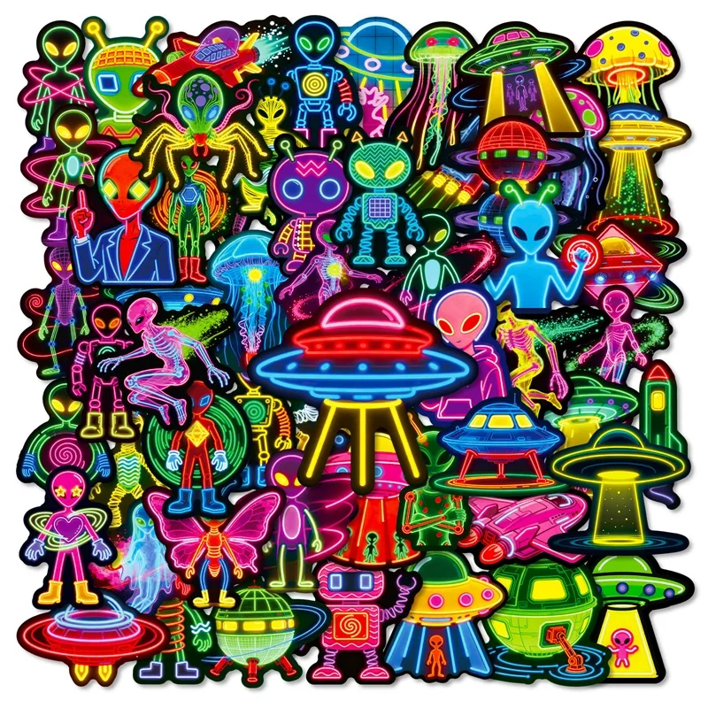 10/30/56PCS Neon Alien UFO PVC Sticky Sticker Aesthetic DIY Decoration Scrapbooking Hand Accounting Supplies