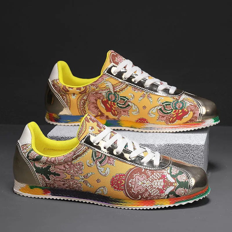 

Классические желтые кроссовки, мужские спортивные туфли на плоской подошве в этническом стиле, дышащие нескользящие повседневные кроссовки, мужские кроссовки для бега