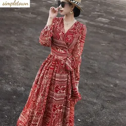 2023 Autumn New Women's Fashion Style One Piece Tie Up V-neck Chiffon Printed Dress Red Flower Long Sleeved Long Skirt
