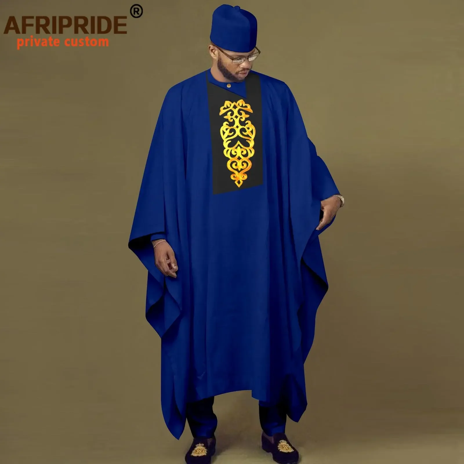 Pakaian tradisional Afrika untuk pria bordir kemeja Agbada celana dan topi 4 potong Set pakaian Dashiki untuk pernikahan A2316048