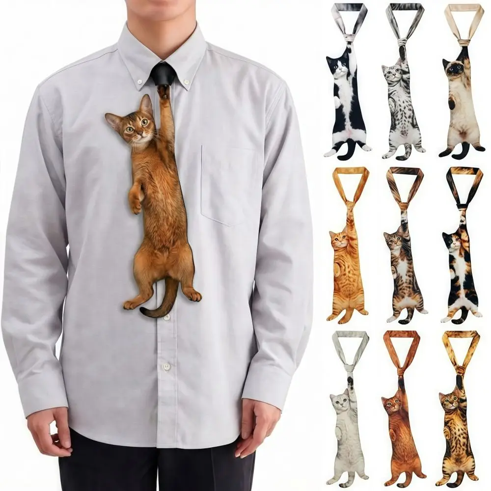 3d-猫猫型ユニセックスネクタイノベルティリアルな子猫ネクタイアニマル柄サテン生地クリエイティブネクタイ結婚式パーティー用