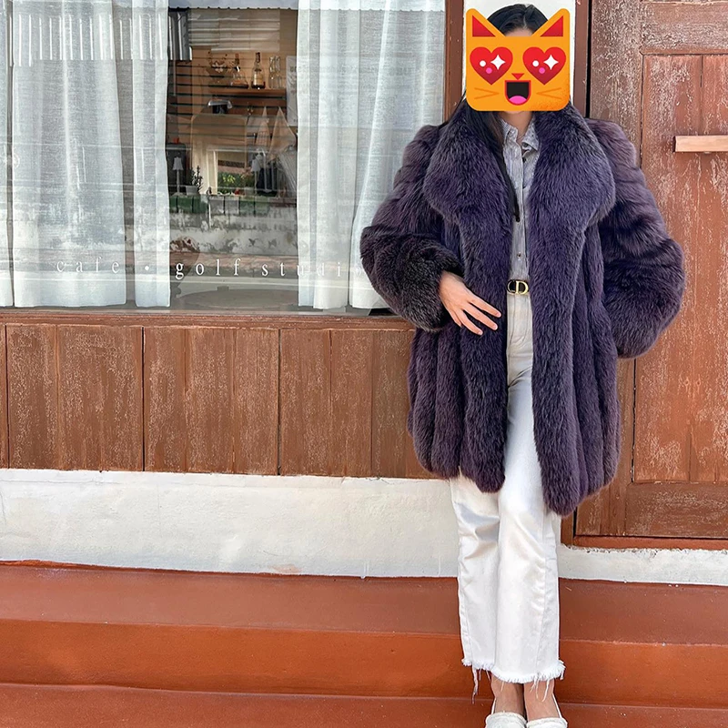 Purple Fox Fur Jacket Women High Street Straight Long Sleeve Outertwear Lady Winter New Thicken Genuine Fox Fur Coat Female