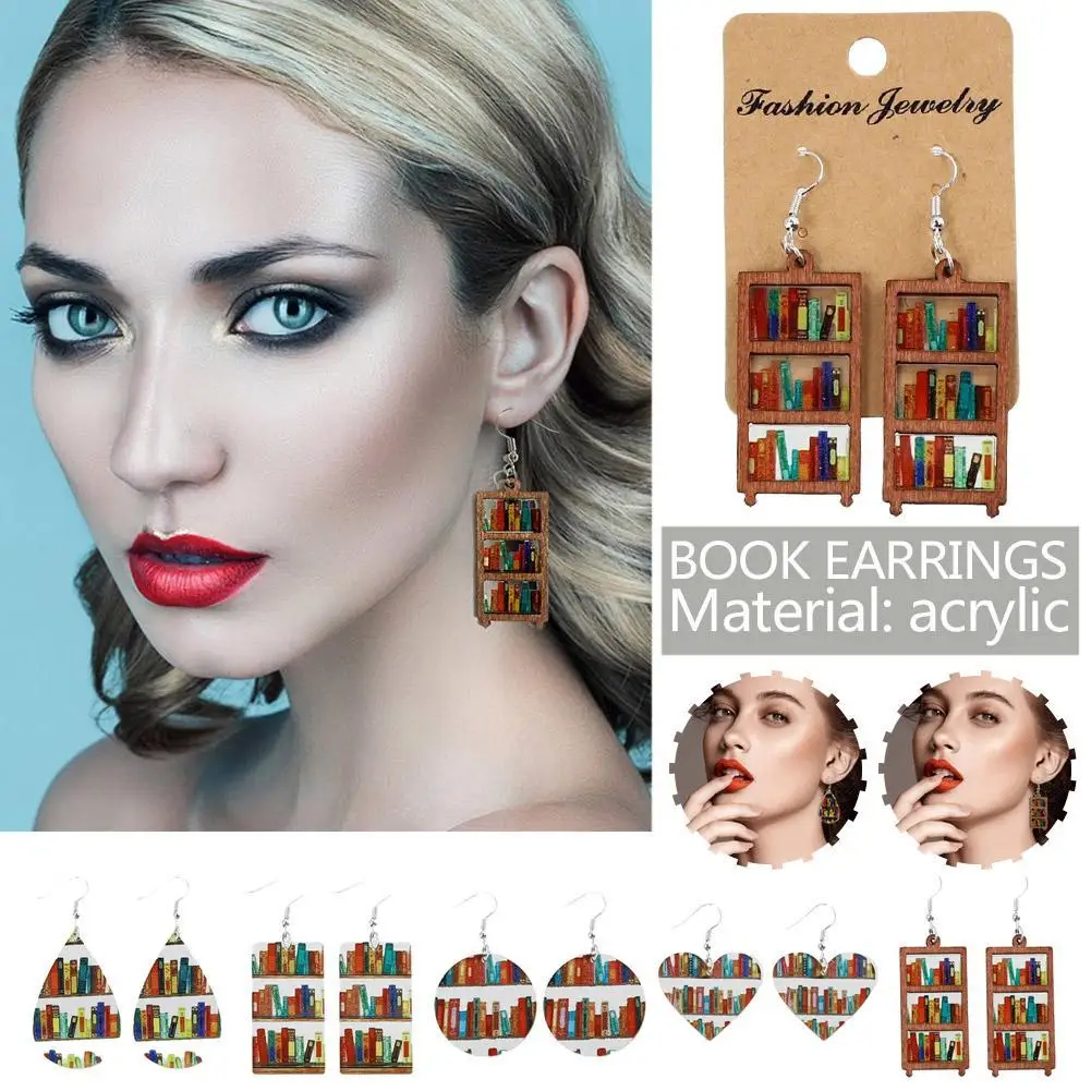 Acrylic Librarian Bookshelf Print Earrings Fashion Book Lovers Teardrop Wood Jewerly Gift For Woman Teacher Book Enthusiasts