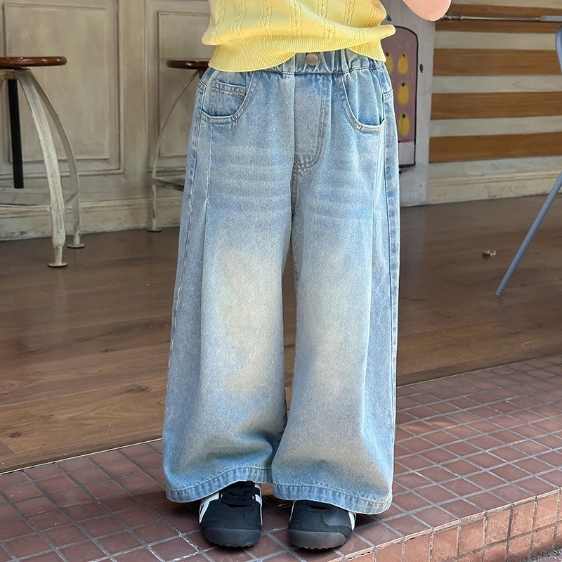

Kids Jeans for Boys Girls Letter Pocket Design Straight-Leg Casual Denim Pants Children Soft Comfortable Trousers
