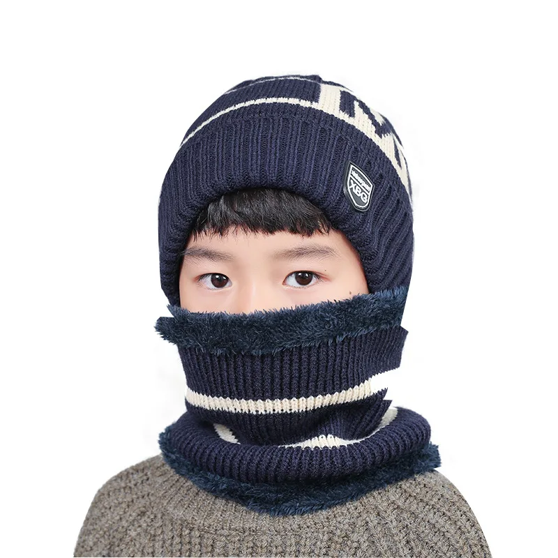 Kids Winter Knitted Hat+Scarf Set Warm Fleece Lining Cap for 5-14 Year Old Boys Girls Super Warm Plush Snow Bonnet