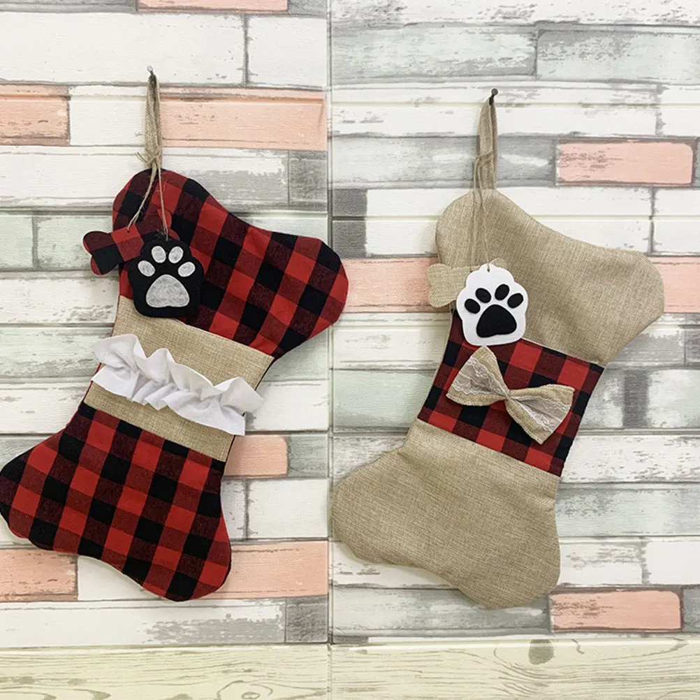 

2Pcs Christmas Gift Bag Xmas Stockings Hanging Decor nament Cloth Bone Shaped Festival Pendant DIY Party Supplies