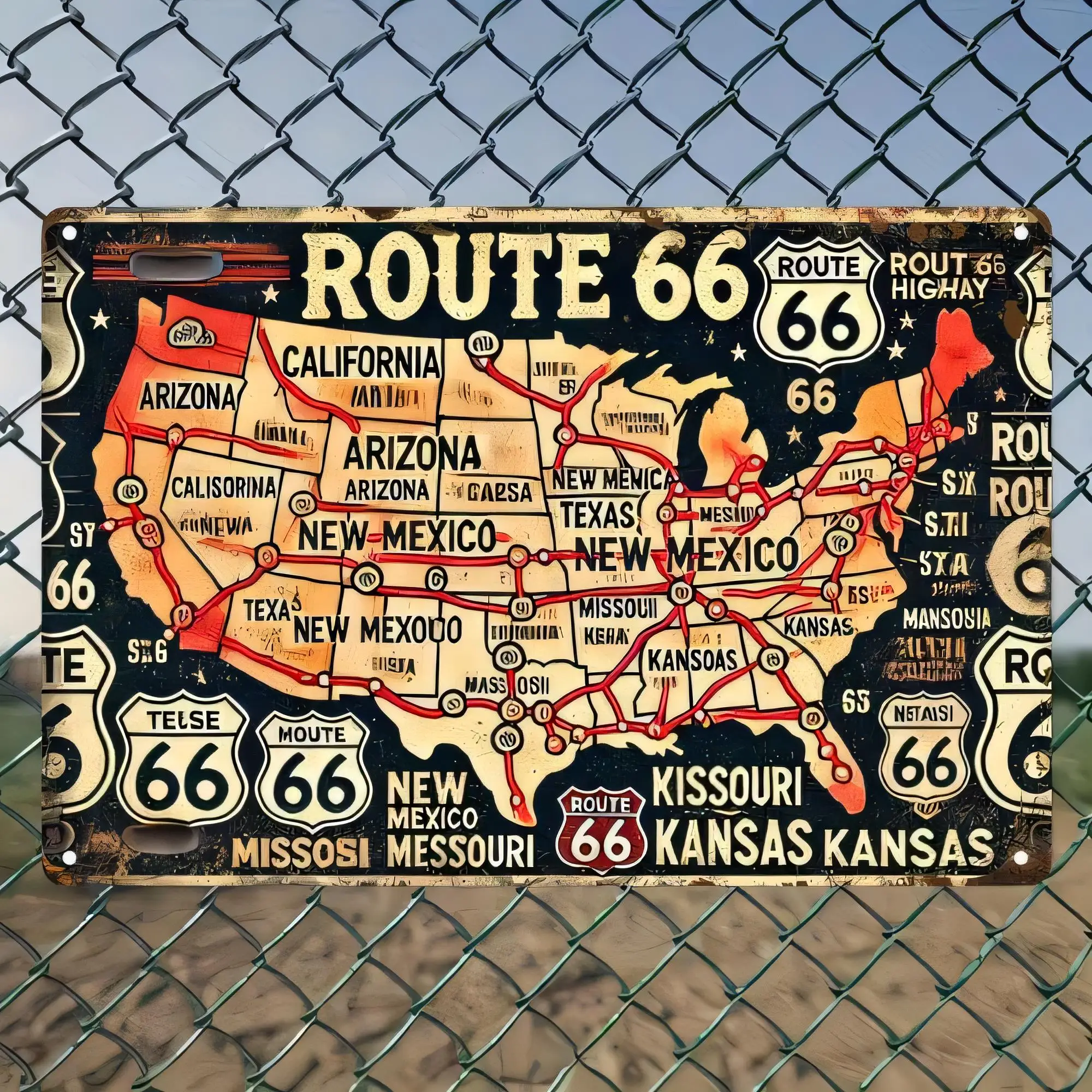 Tin Sign Route 66 Vintage Metal Poster Map Retro Highway Travel Decor for Garage Bar Man Cave Wall Art,   Rustic Americana Signs