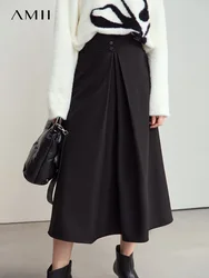 AMII Minimalism Ultra-high Waist Pleated Skirts for Women 2024 Winter New Elegant Commuter A-line Loose Bottoms Female 12444184