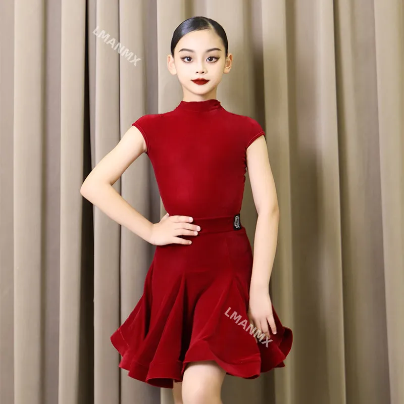 Vestido de dança latina para meninas 2025 novo uniforme profissional infantil de veludo