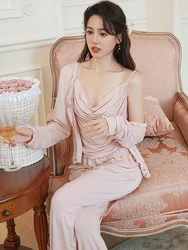 French Sexy Camisola pajamas Three Piece Set Spring Autumn Long Sleeve Cardigan Pants Loungewear Women Princess Sleepwear