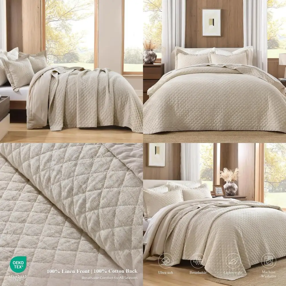 طقم لحاف من القطن والكتان بحجم كينج مع غطاء سرير خفيف الوزن ومغسول مسبقًا #1