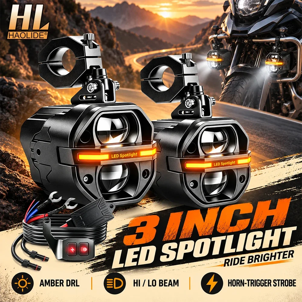HAOLIDE Motorcycle LED Auxiliary Spotlight Fog Light Amber Flowing DRL Hi‑Lo Beam Strobe Lamp Switchable 12-24V For off-road use