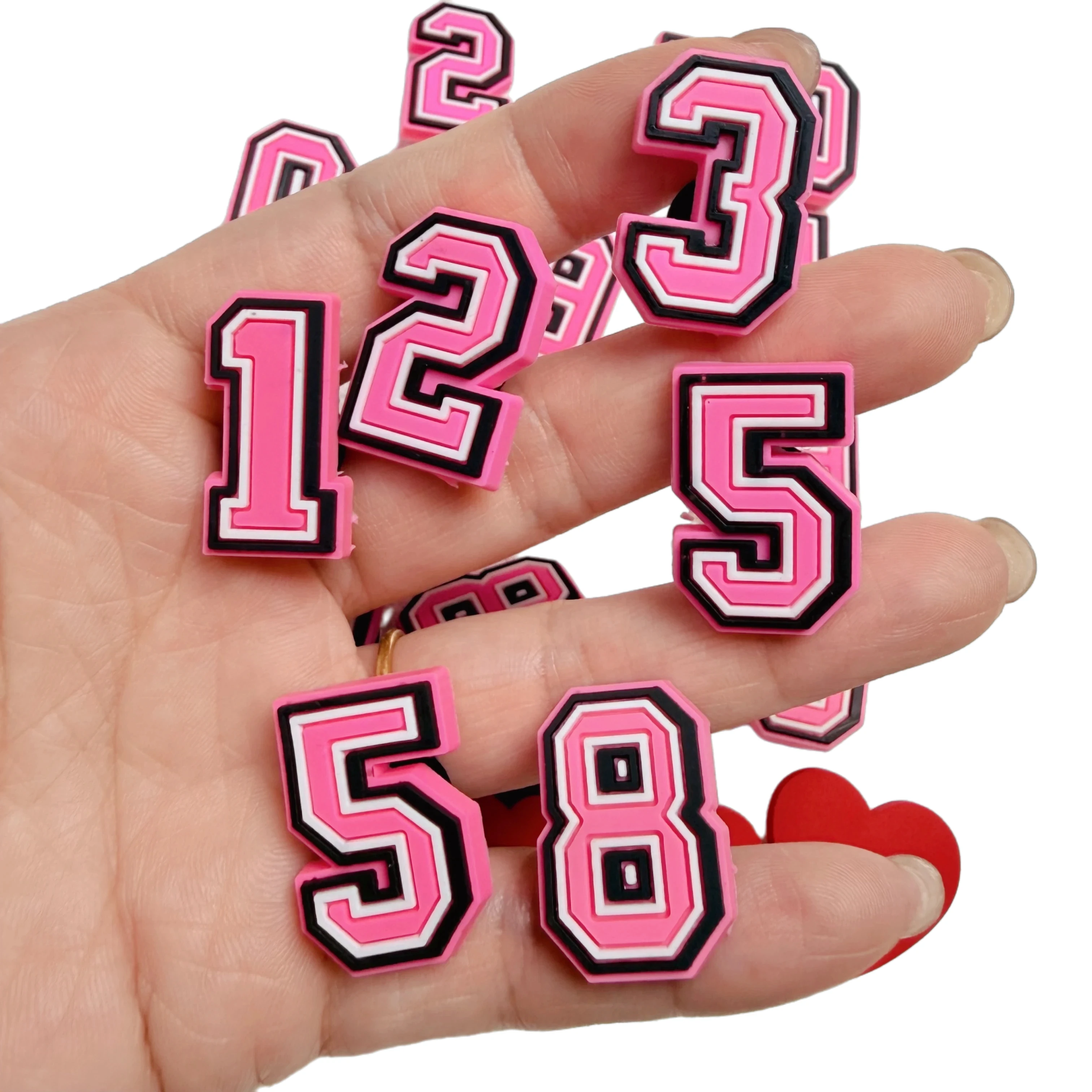 Wholesale 25-100Pcs Pink Numbers PVC Shoe Buckle Decorations Heart-shaped Sandal Charms For Party Presents