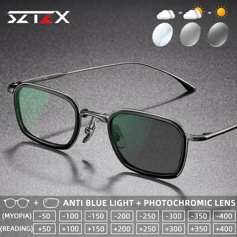 

SZTZX Small Rectangle Titanium Photochromic Reading Eyewear Blue Light Blocking Myopia Glasses Progressive Prescription Glasses