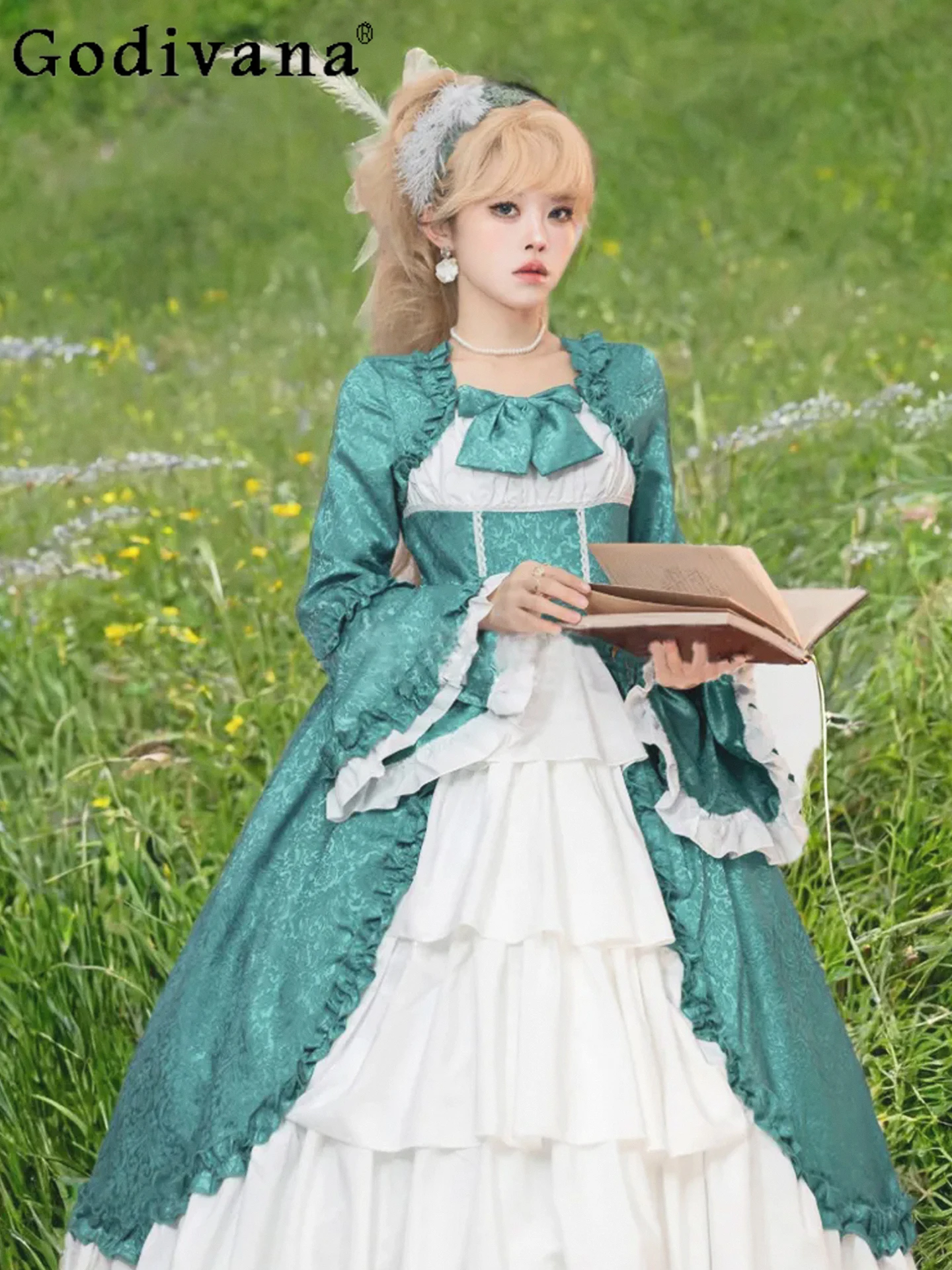 

Lolita Medieval Retro Gothic Court Style Dress with Waist Bow and Bell Sleeves Elegant Lady Long Pants Dress