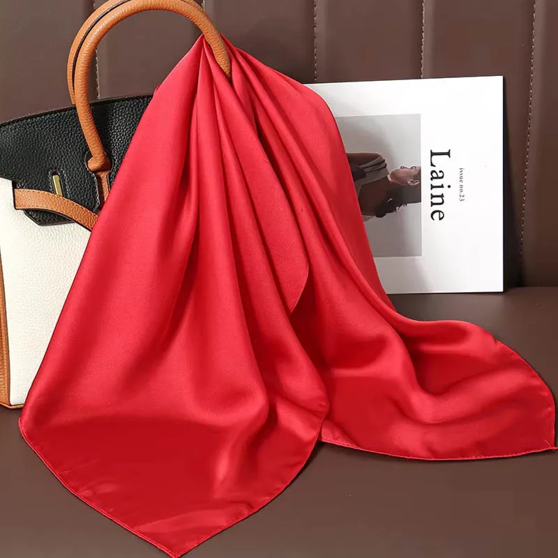 Luxury Solid Color Silk Square Scarf Women Soft Satin Horse Hairband Neckerchief Office Hijab Headband Foulard Bag Ribbons Gift