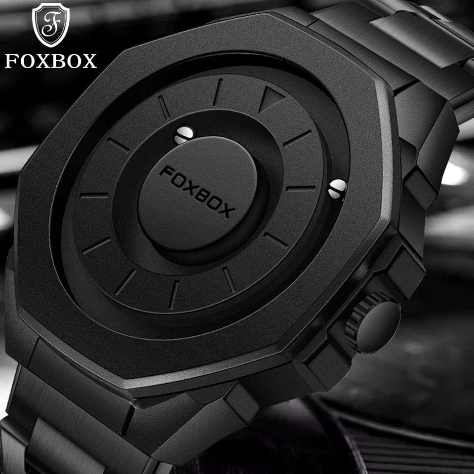 FOXBOX Nowy Luksusowy Zegarek Męski Modny Biznesowy Zegarek Męski Wodoodporny Zegarek Kwarcowy z Magnetycznym Napędem i Ruchomym Wskazówkowym Mechanizmem dla Mężczyzn