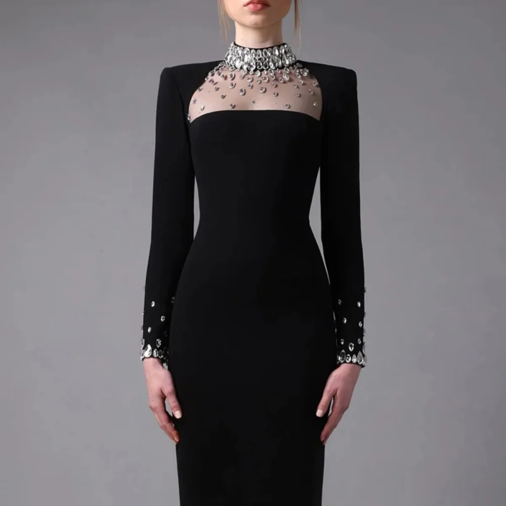 Fashionable Evening Gown Crystal High Neck Crystal Long Sleeve Ball Gown Crystal Side Skirt Party Custom Evening Gown