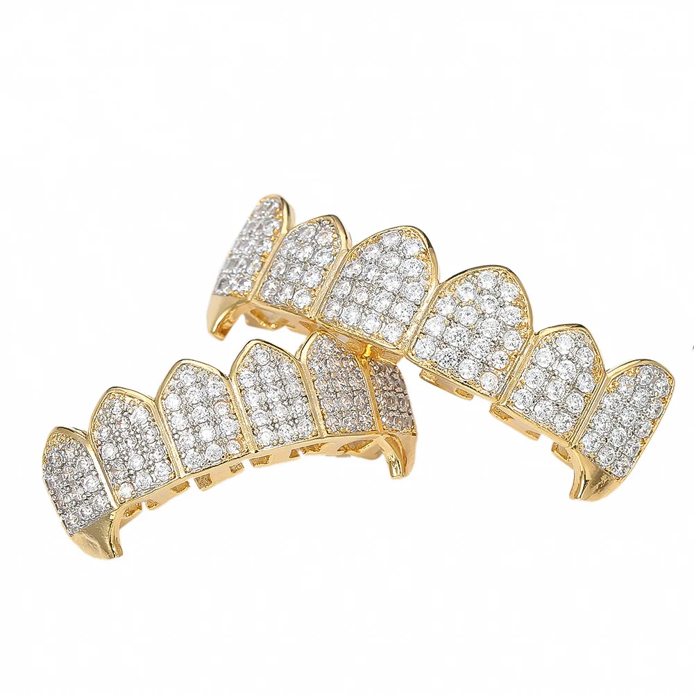 Juego de Grillz de dientes brillantes para hombres y mujeres, tapas de circón cúbico, Micro pavé superior e inferior, parrillas con dijes, joyería de Hip Hop